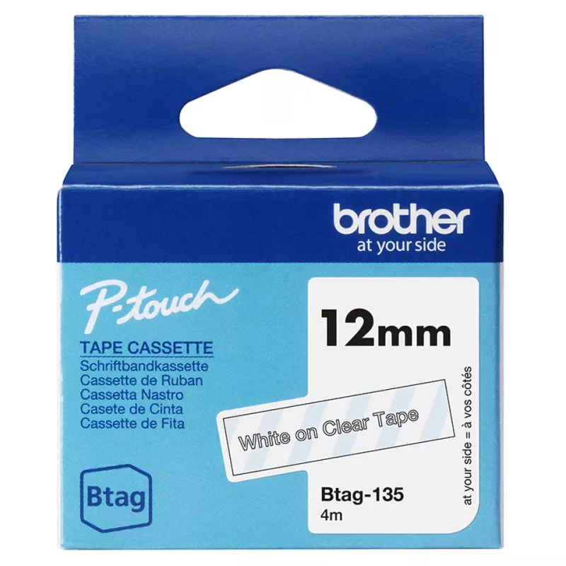 Etikečių juostelė Brother BTAG-135 Balta ant permatomos 1,2 cm 4 m