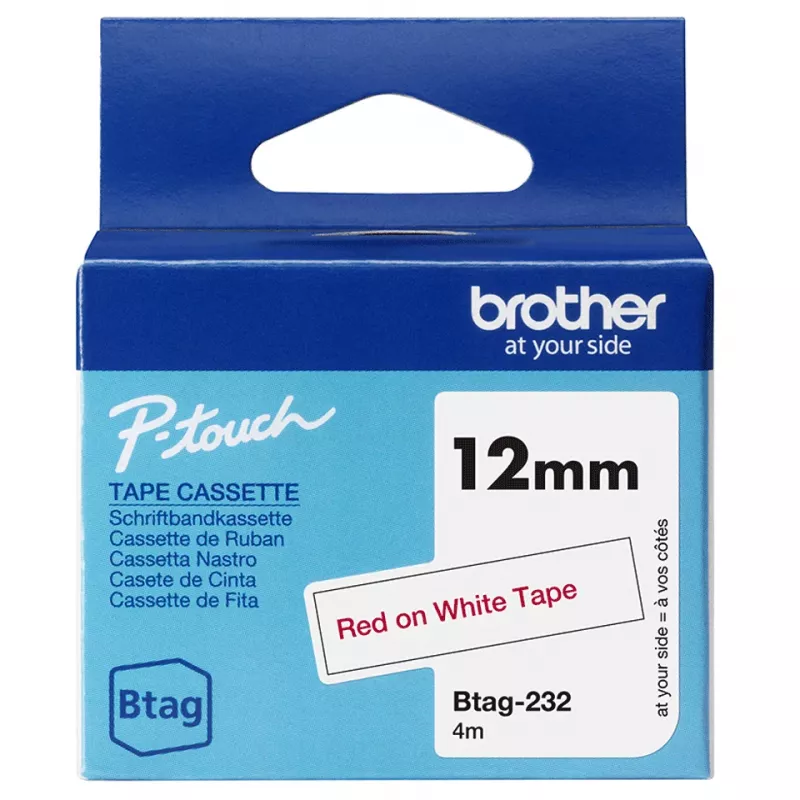 Etikečių gaminimo juosta Brother BTAG-232 raudona ant baltos 1.2 cm 4 m