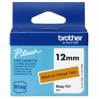 Etikečių gamybos juosta Brother BTAG-T31 Juoda ant oranžinės 1.2 cm 4 m