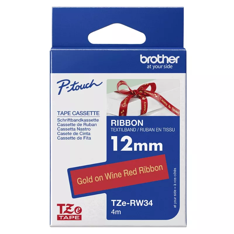 Brother TZE-RW34 juostelė etiketėms, aukso spalva ant raudonos