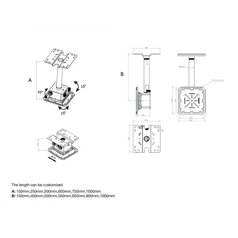 Multibrackets M Projector Mount Pro HD 40kg White, lubų, 40 kg, balta, 150 - 1000 mm, 360°, -5 - 5°