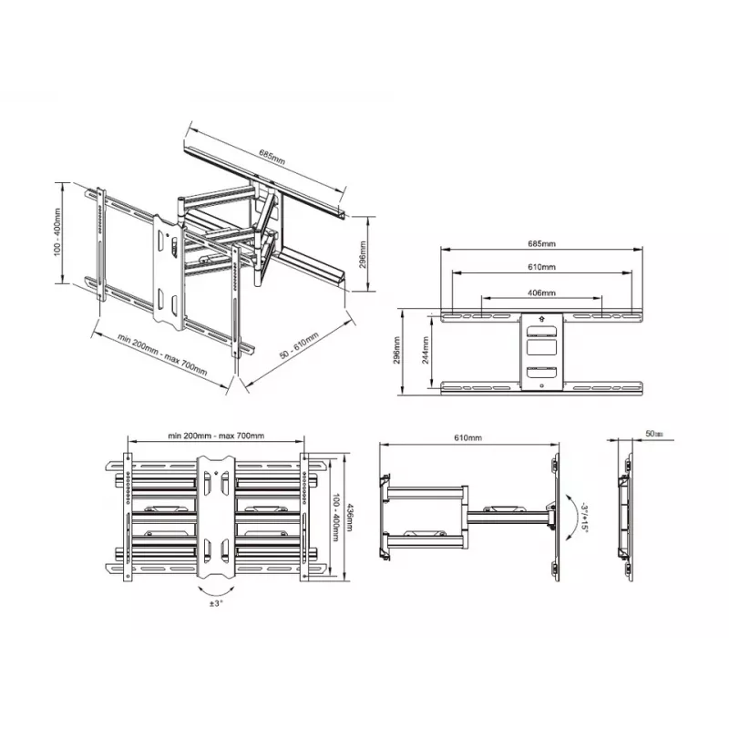 Tvirtinimo laikiklis Multibrackets M Universal Flexarm Pro 60 kg Heavy Duty juodas