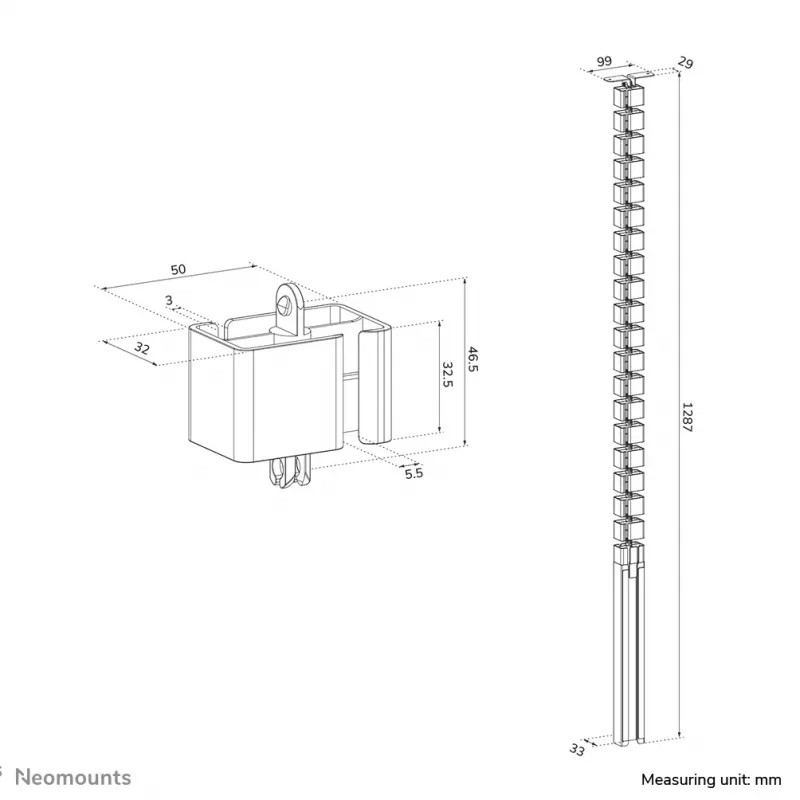 Kabelių laikiklis Neomounts ADS06-133BL — varžtais tvirtinamas magnetinis kanalas, juodas