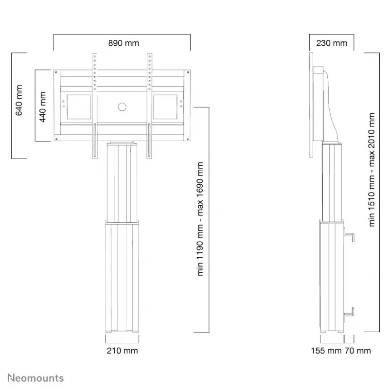 “Neomounts” PLASMA-W2500Juoda televizoriaus grindų stovas 42-100 colių - tvirtinimas prie sienos - motorizuotas