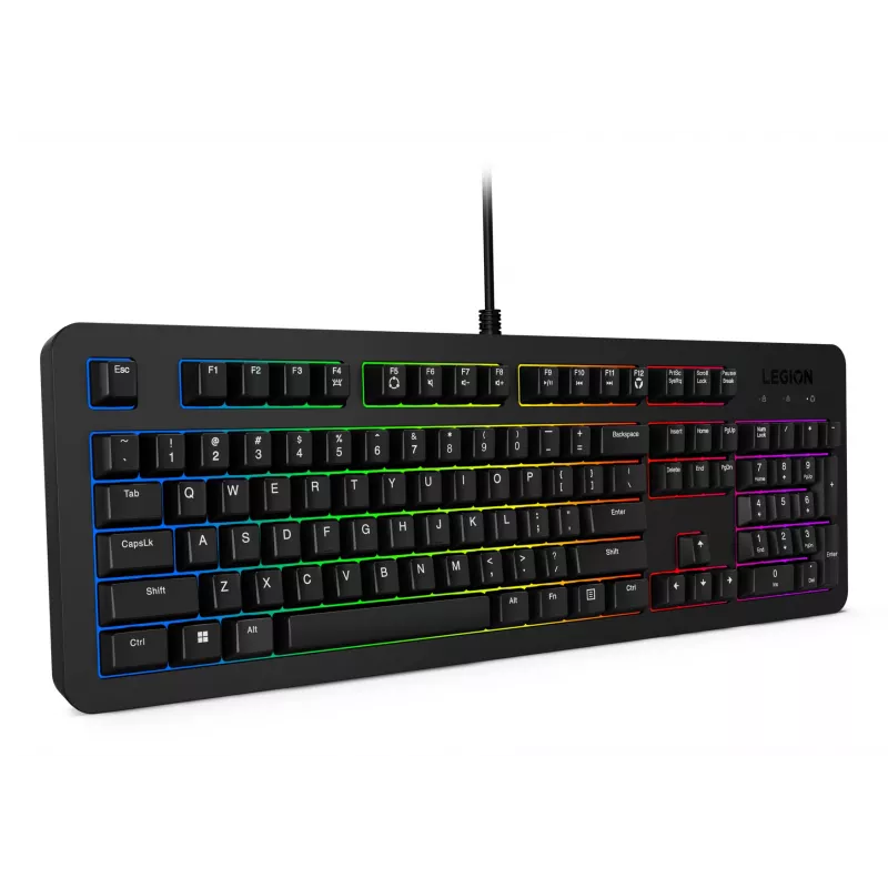 Laidinė žaidimų klaviatūra Lenovo K310 — pilno dydžio 100%, USB, JAV anglų, RGB foninis apšvietimas, juoda, 1,8 m laidas