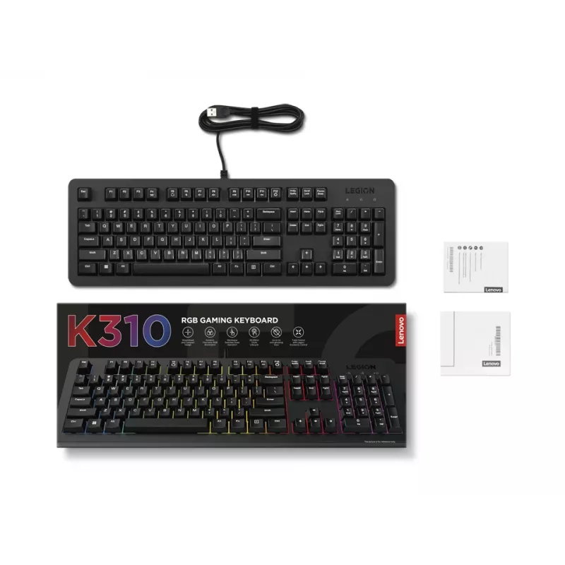 Laidinė žaidimų klaviatūra Lenovo K310 — pilno dydžio 100%, USB, JAV anglų, RGB foninis apšvietimas, juoda, 1,8 m laidas