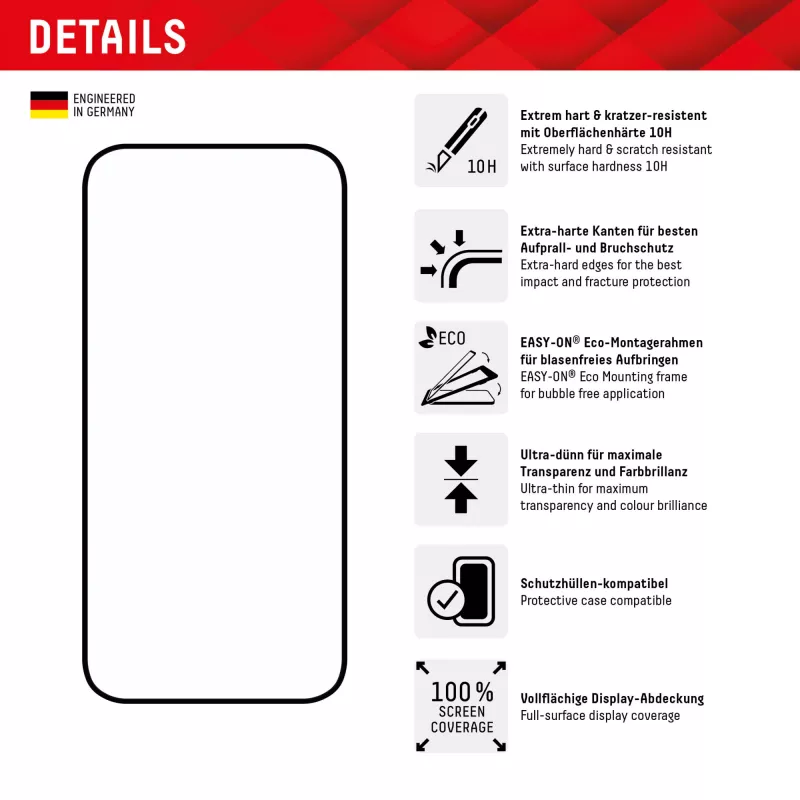 Displex Full Cover ekrano apsauga (10H) „Apple iPhone 15/15 Pro“, ekologiškas montavimo rėmelis, viso ekrano apsauga