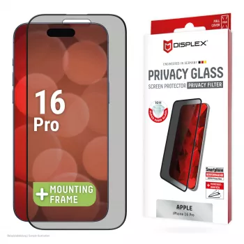 Displex privatumo ekrano apsauga (10H), skirta Apple iPhone 16 Pro, EASY-ON® eko tvirtinimo rėmelis, privatumo filtras