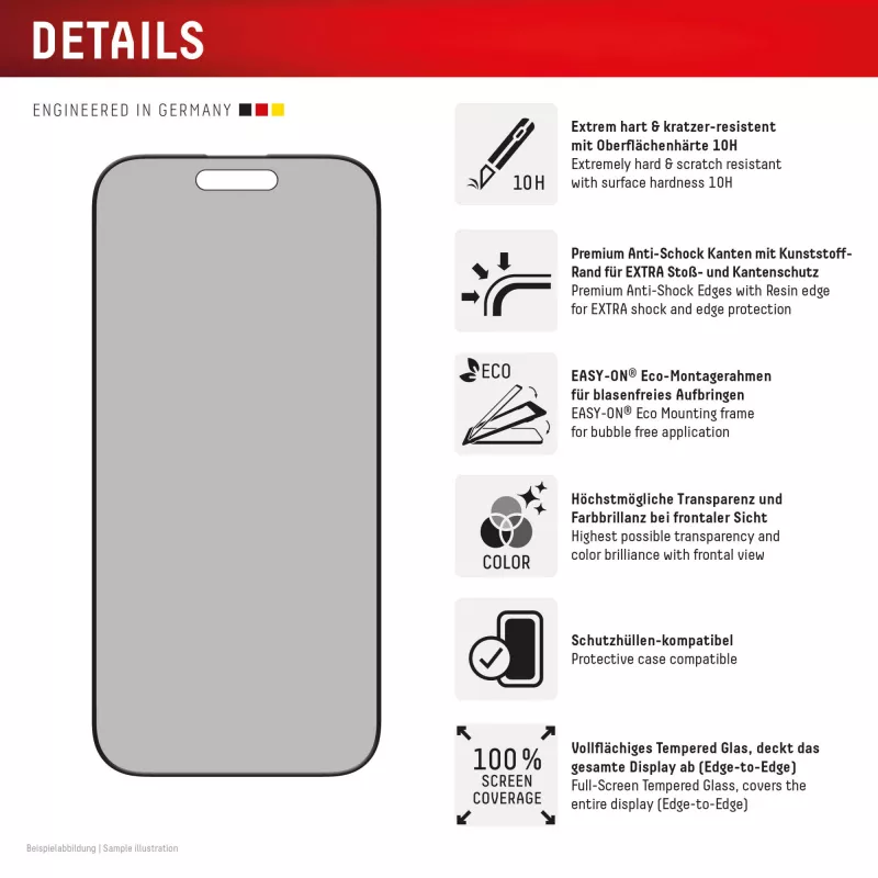 Displex privatumo ekrano apsauga (10H), skirta Apple iPhone 16 Pro, EASY-ON® eko tvirtinimo rėmelis, privatumo filtras