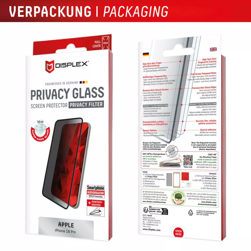Displex privatumo ekrano apsauga (10H), skirta Apple iPhone 16 Pro, EASY-ON® eko tvirtinimo rėmelis, privatumo filtras