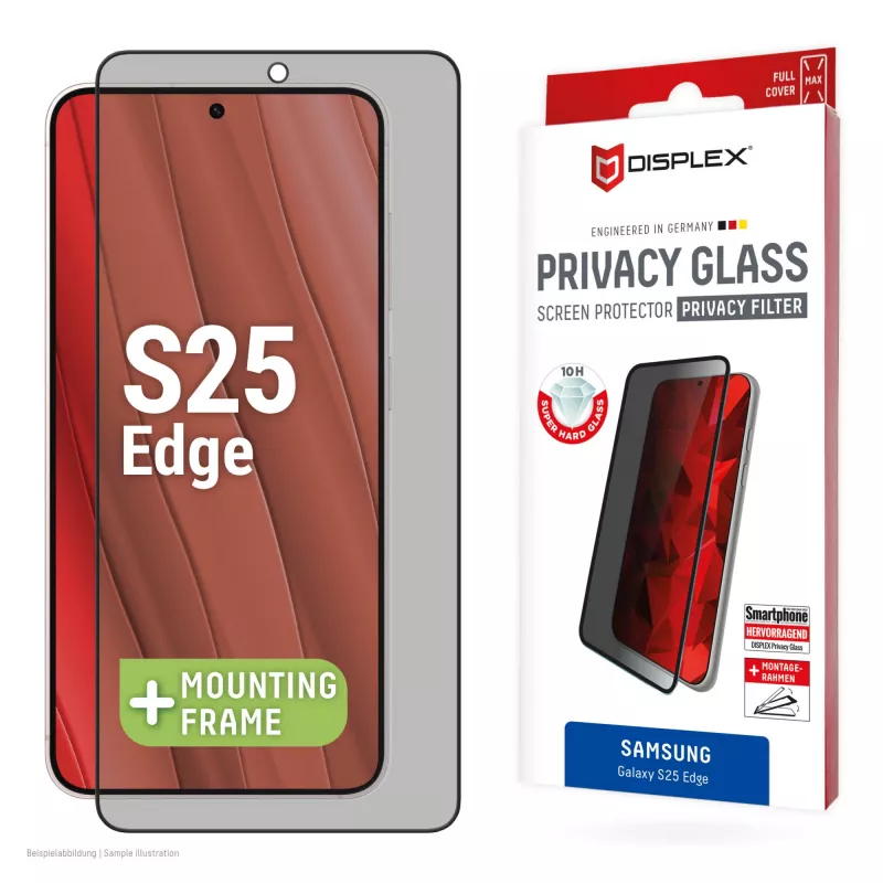 Displex privatumo ekrano apsauga (10H) „Samsung Galaxy S25 Edge“, „Eco“ montavimo rėmelis, privatumo filtras