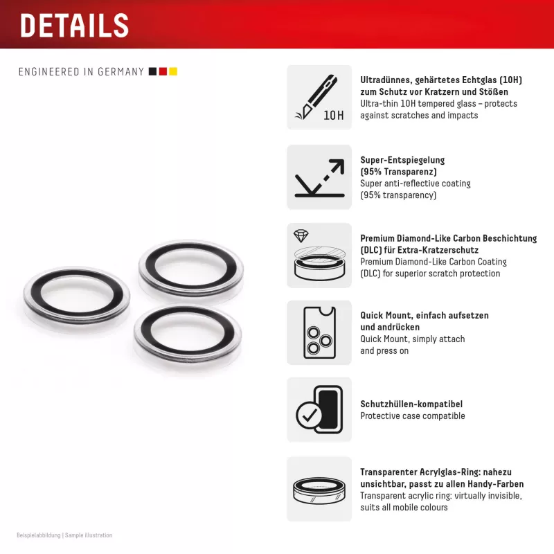 Displex Premium Camera Lens Glass, iPhone 17 Pro/17 Pro Max stiklas, 10H, pavieniai žiedai, DLC, skaidrus, greitas montavimas