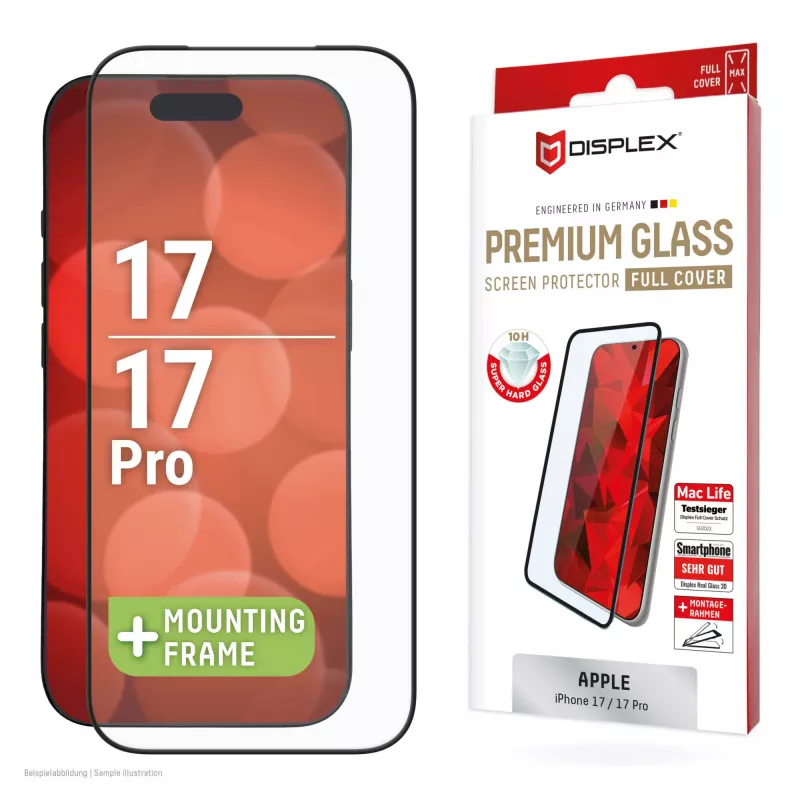Ekrano apsauga Displex Premium Full Cover 10H, skirta Apple iPhone 17 Pro / 17, grūdintas stiklas, permatoma, Eco montavimo rėmelis