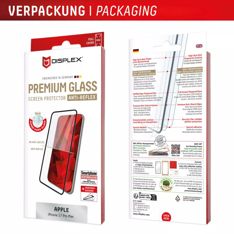 Displex Premium ekrano apsauga (Full Cover, 10H) Apple iPhone 17 Pro Max, Eco tvirtinimo rėmelis, pilna danga