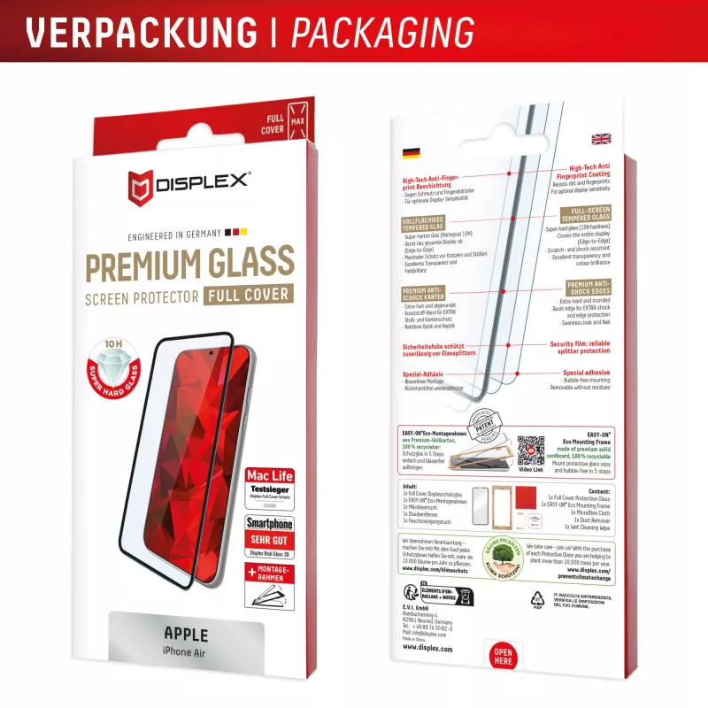 „Displex Premium“ ekrano apsauginė plėvelė (visas padengimas, 10H), skirta „Apple iPhone Air“, ekologiškas tvirtinimo rėmelis, visiškas padengimas