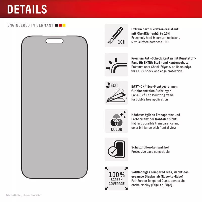 Displex privatumo ekrano apsauga (10H) Apple iPhone 17 Pro Max, EASY-ON® Eco montavimo rėmelis, privatumo filtras