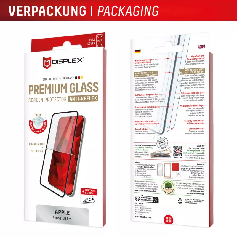 Displex Premium Anti-Reflex ekrano apsauga (antirefleksinė, pilnas dengimas, 10H), skirta Apple iPhone 16 Pro, Eco montavimo rėmelis, pilnas dengimas