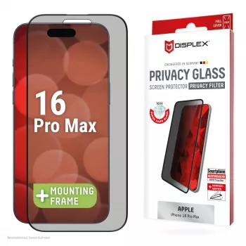 “Displex Privacy Screen Protector” (10H), skirtas “Apple iPhone 16 Pro Max”, ekologiškas tvirtinimo rėmelis, privatumo filtras