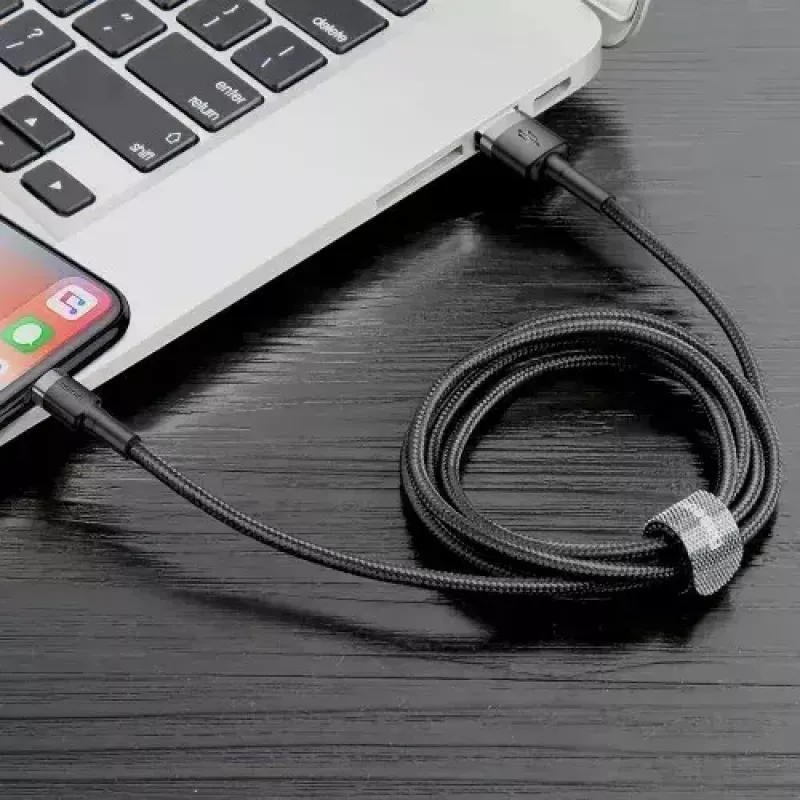 USB A į Lightning laidas Baseus Cafule (CALKLF-CG1) — Nyloninė pynė, QC3.0 1.5A, 2 m, Pilka/Juoda