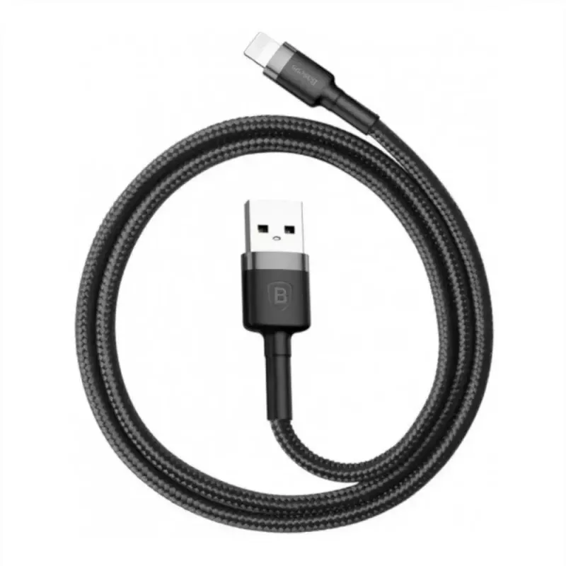 USB A į Lightning laidas Baseus Cafule (CALKLF-CG1) — Nyloninė pynė, QC3.0 1.5A, 2 m, Pilka/Juoda