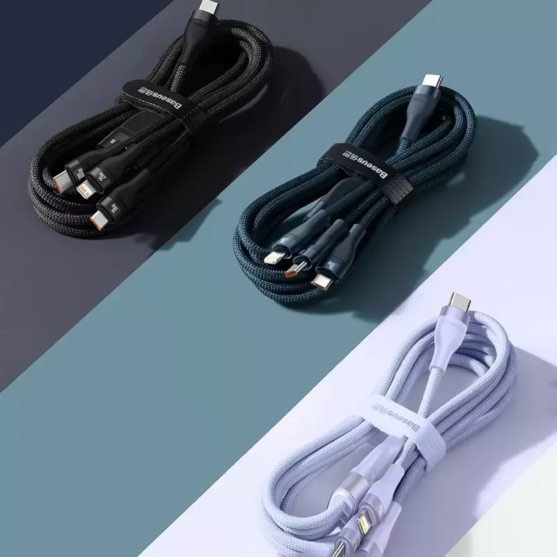 USB laidas Baseus Flash Series 2 — USB-C, micro USB, Lightning, 100W, 1,5 m, violetinė