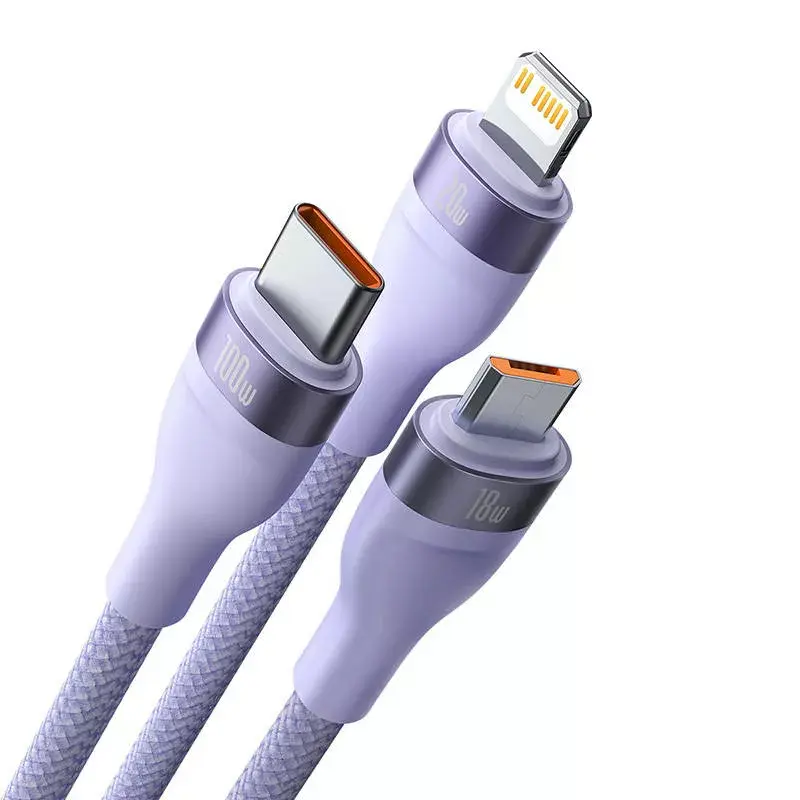 USB laidas Baseus Flash Series 2 — USB-C, micro USB, Lightning, 100W, 1,5 m, violetinė