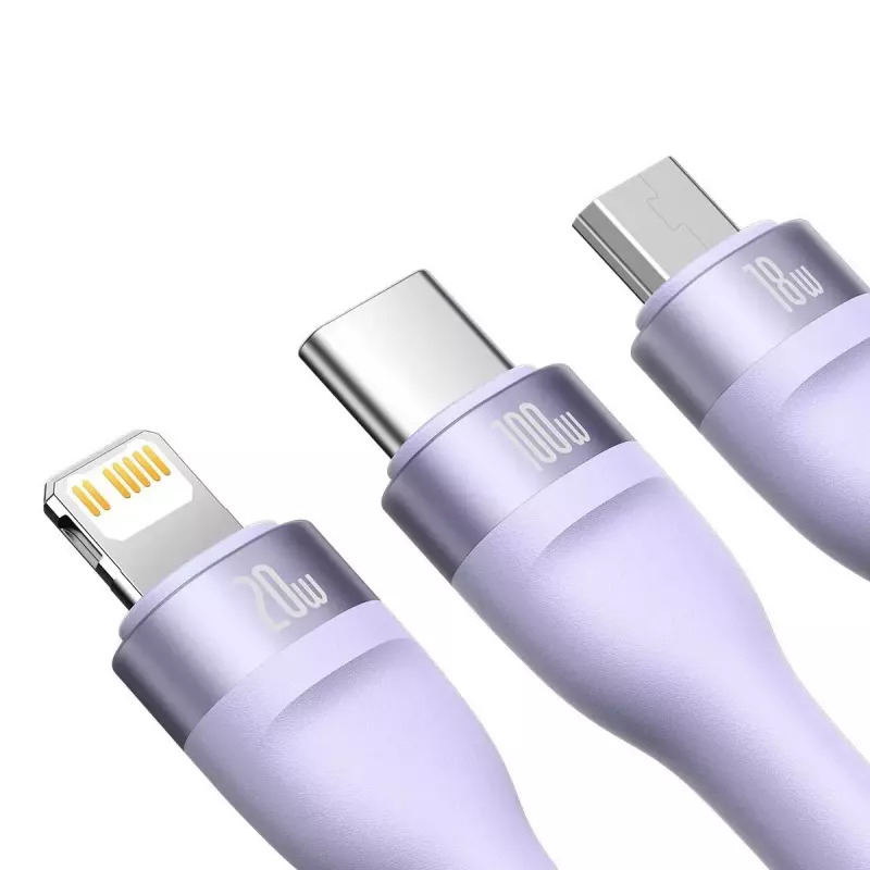 USB laidas Baseus Flash Series 2 — USB-C, micro USB, Lightning, 100W, 1,5 m, violetinė