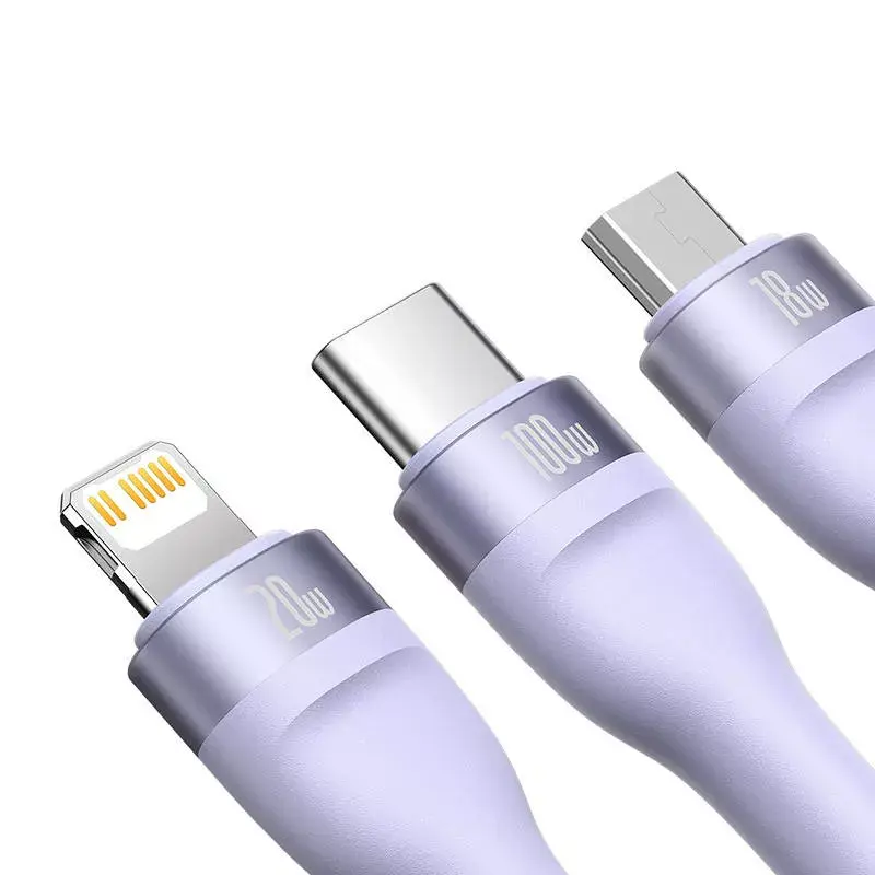 USB laidas Baseus Flash Series 2 — USB-C, micro USB, Lightning, 100W, 1,5 m, violetinė