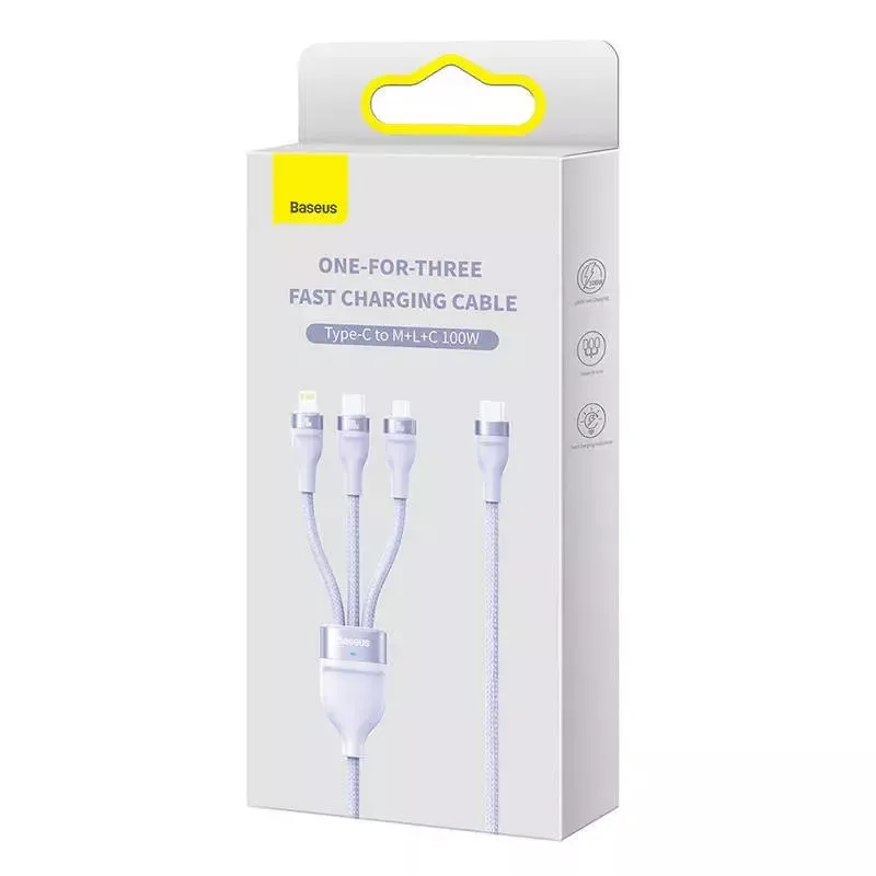 USB laidas Baseus Flash Series 2 — USB-C, micro USB, Lightning, 100W, 1,5 m, violetinė