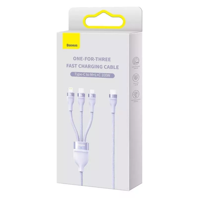 USB laidas Baseus Flash Series 2 — USB-C, micro USB, Lightning, 100W, 1,5 m, violetinė