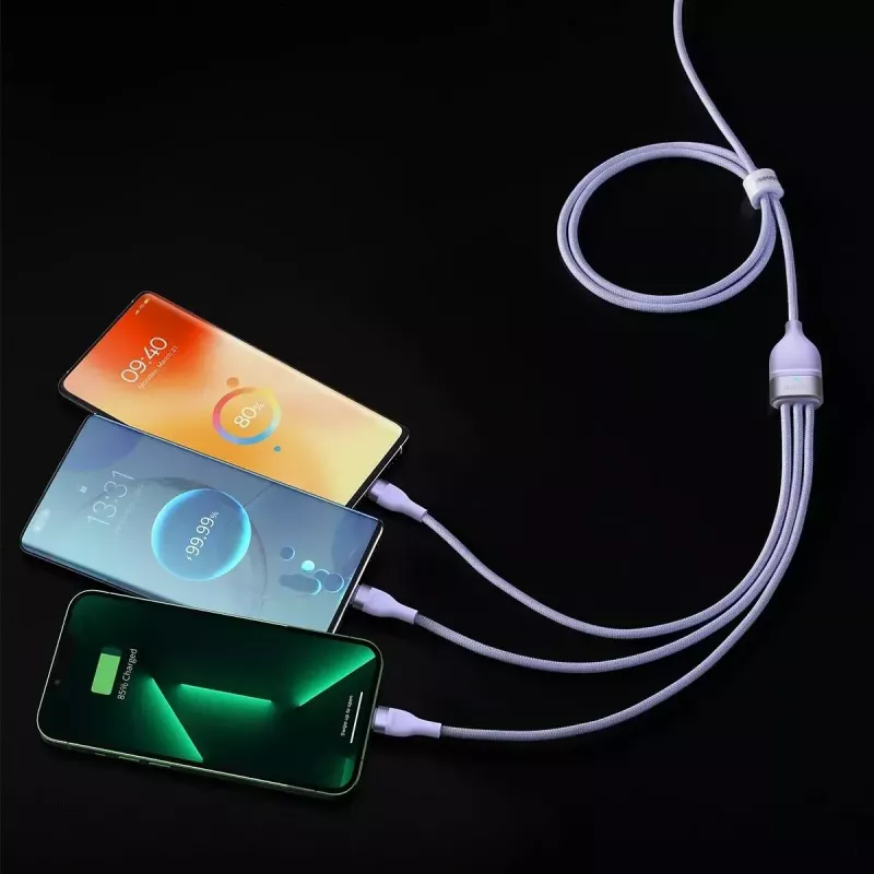 USB laidas Baseus Flash Series 2 — USB-C, micro USB, Lightning, 100W, 1,5 m, violetinė