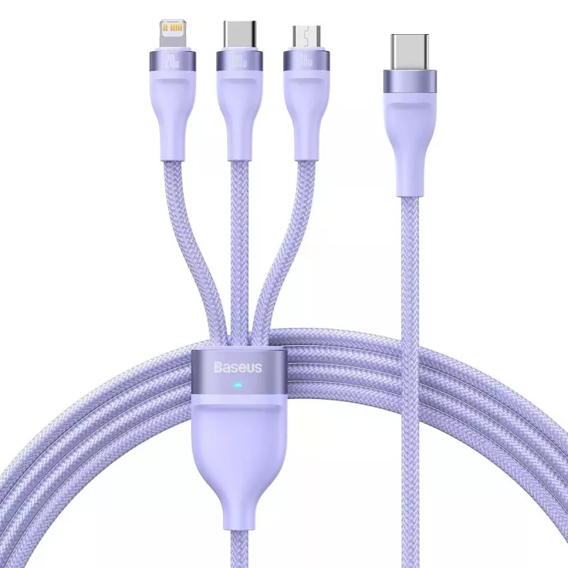 USB laidas Baseus Flash Series 2 — USB-C, micro USB, Lightning, 100W, 1,5 m, violetinė