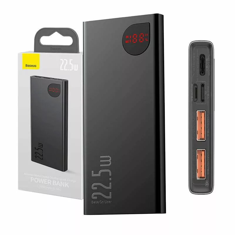 Baseus power bank Adaman Metal, Ličio jonų 10000mAh, 2xUSB, USB-C, Lightning, MicroUSB 22.5W (Juoda)