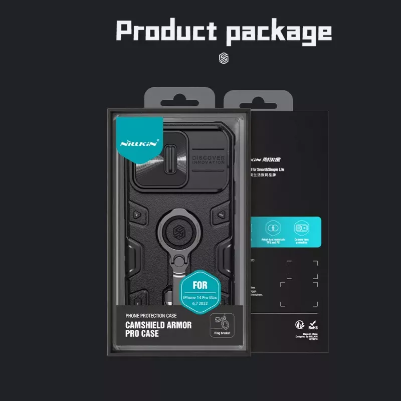 Telefono dėklas Nillkin CamShield Armor Pro, skirtas iPhone 14 Pro Max, juodas, patvarus dizainas