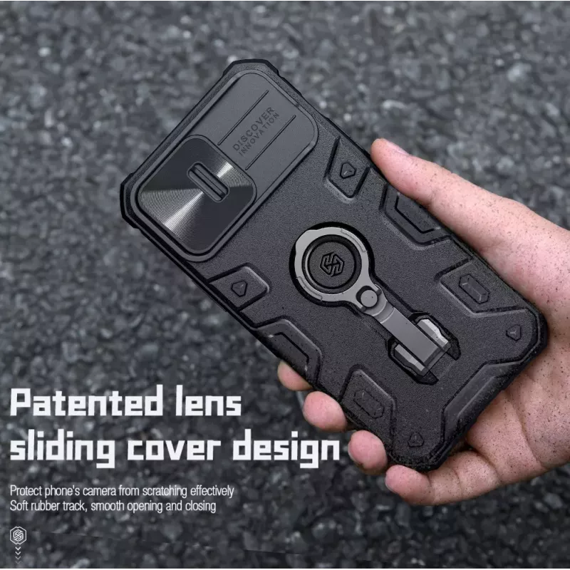 Telefono dėklas Nillkin CamShield Armor Pro, skirtas iPhone 14 Pro Max, juodas, patvarus dizainas