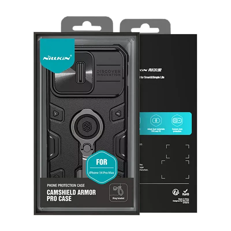 Telefono dėklas Nillkin CamShield Armor Pro, skirtas iPhone 14 Pro Max, juodas, patvarus dizainas