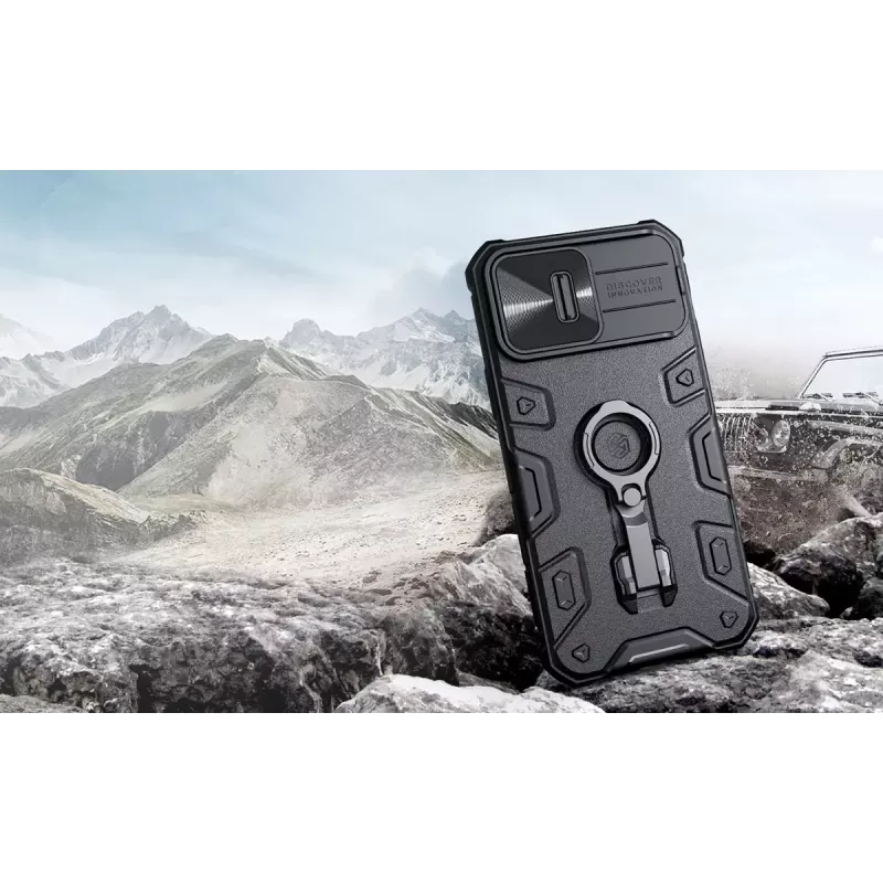Telefono dėklas Nillkin CamShield Armor Pro, skirtas iPhone 14 Pro Max, juodas, patvarus dizainas