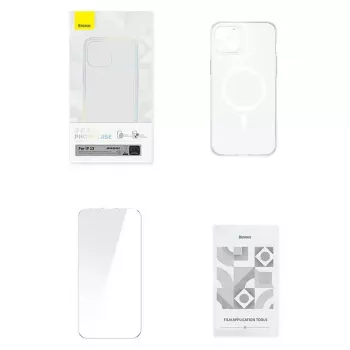 Phone case Baseus Magnetic Crystal Clear, skirtas iPhone 13, permatomas, su grūdinto stiklo ekrano apsauga