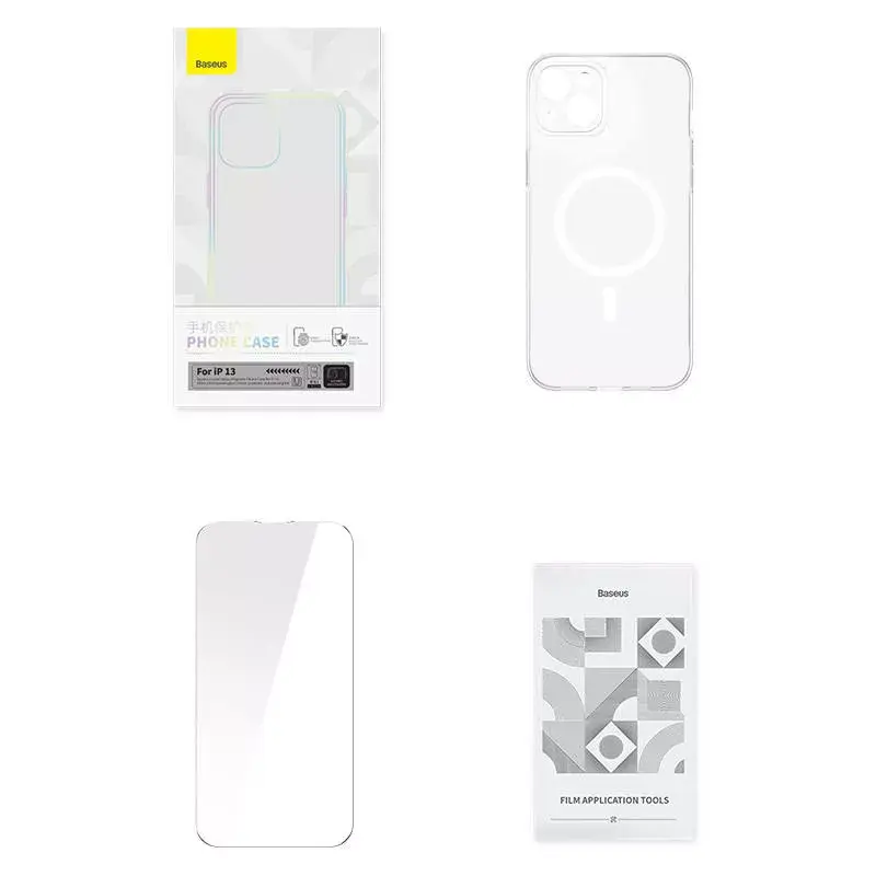 Phone case Baseus Magnetic Crystal Clear, skirtas iPhone 13, permatomas, su grūdinto stiklo ekrano apsauga