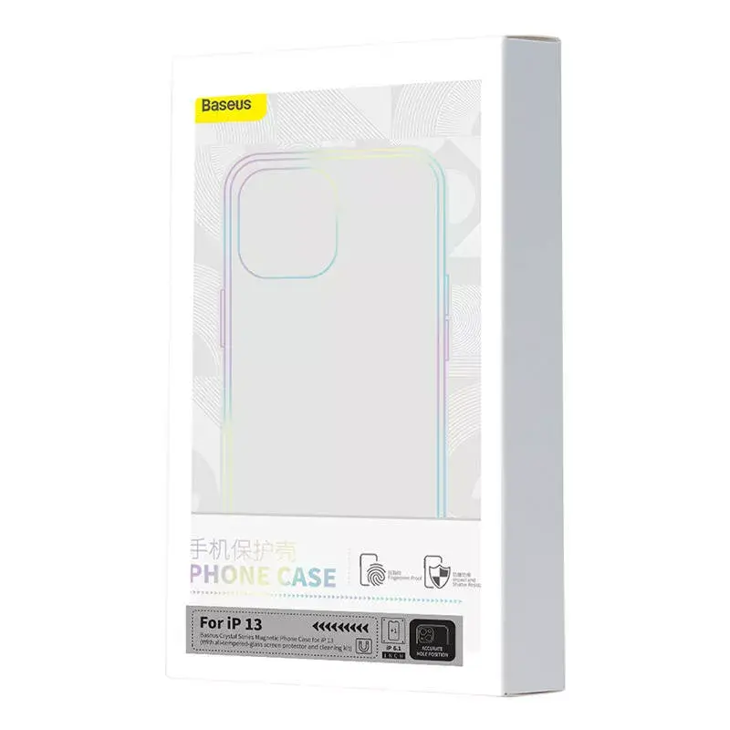 Phone case Baseus Magnetic Crystal Clear, skirtas iPhone 13, permatomas, su grūdinto stiklo ekrano apsauga