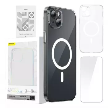 Phone case Baseus Magnetic Crystal Clear, skirtas iPhone 13, permatomas, su grūdinto stiklo ekrano apsauga