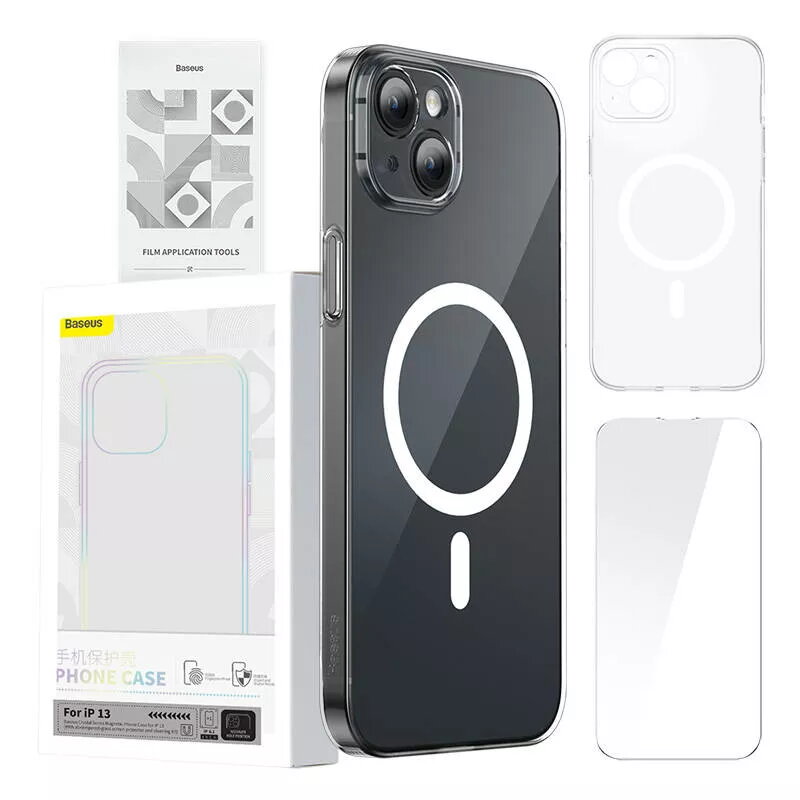 Phone case Baseus Magnetic Crystal Clear, skirtas iPhone 13, permatomas, su grūdinto stiklo ekrano apsauga