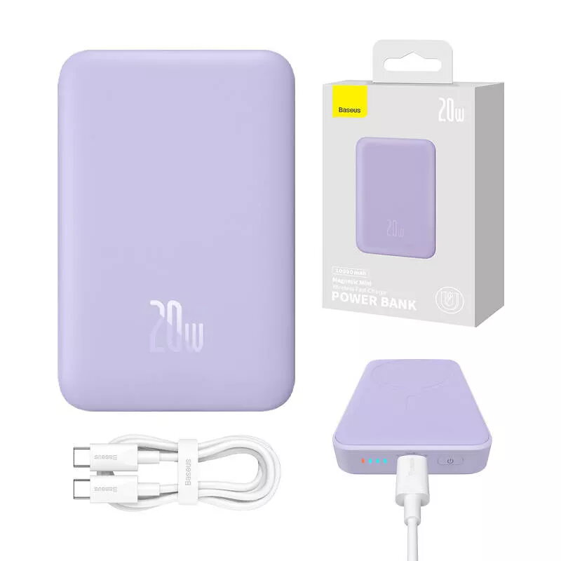 Powerbank Baseus Magnetic Mini 10000mAh, USB-C 20W MagSafe (purpurinė)