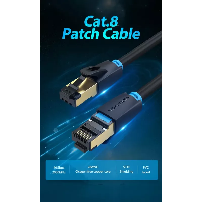 Ethernet komutacinis kabelis Vention Cat.8 S/FTP 1 m juodas RJ-45 auksuotas