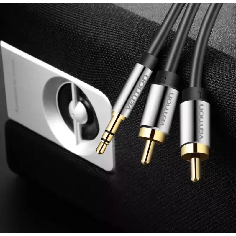 Garso kabelis Vention 3,5 mm kištukas į 2 × RCA kištuką, 3 m, juodas, auksuoti kontaktai