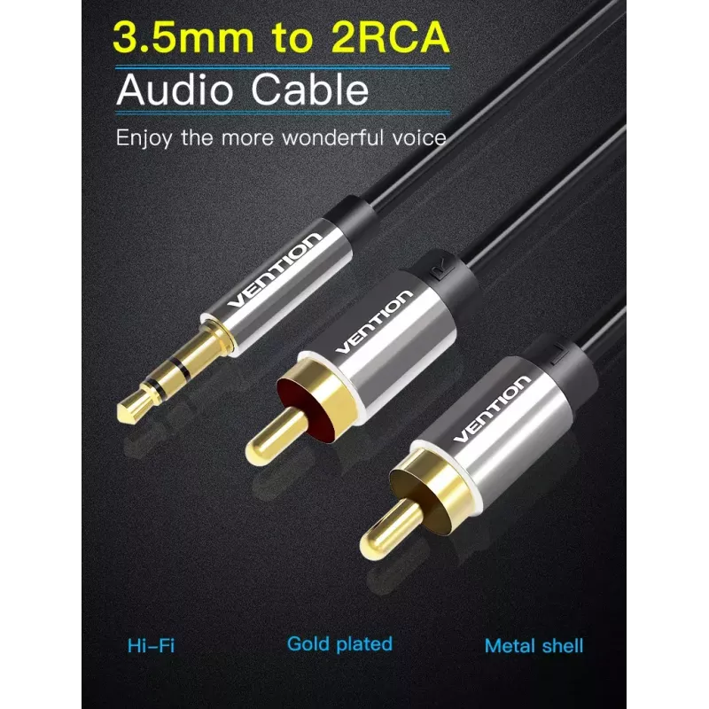 Garso kabelis Vention 3,5 mm kištukas į 2 × RCA kištuką, 3 m, juodas, auksuoti kontaktai