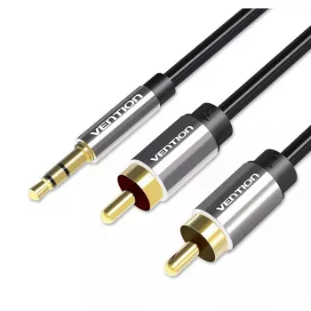 Garso kabelis Vention 3,5 mm kištukas į 2 × RCA kištuką, 3 m, juodas, auksuoti kontaktai