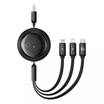 USB 3-in-1 laidas Baseus Free2Draw (USB-A į Micro USB + Lightning + USB-C), 100W, 1,1 m, juodas