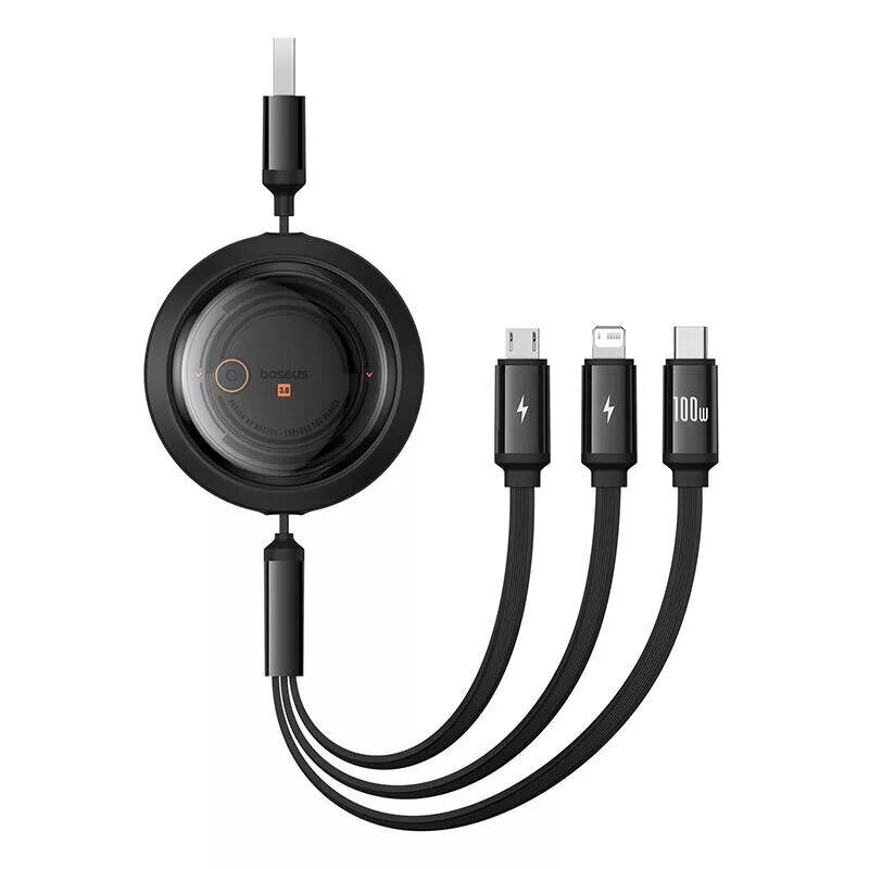 USB 3-in-1 laidas Baseus Free2Draw (USB-A į Micro USB + Lightning + USB-C), 100W, 1,1 m, juodas
