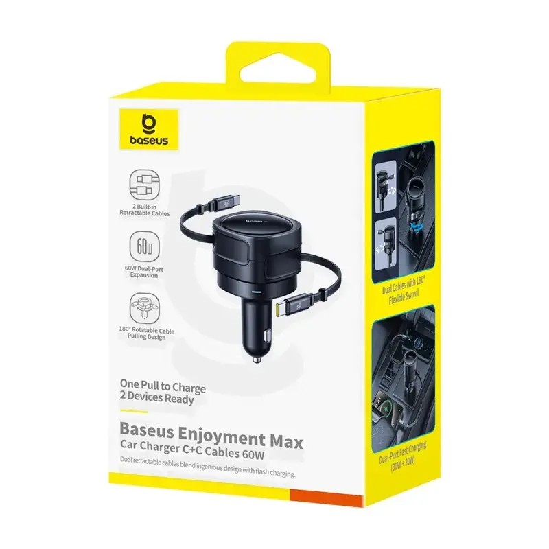Automobilinis įkroviklis Baseus Enjoyment Max 60W su integruotais USB-C laidais, 60 W išvestis